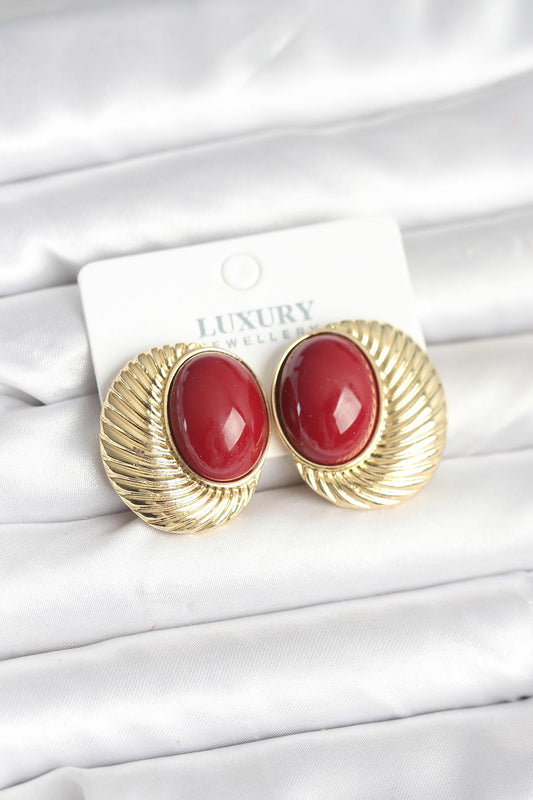 Brass Gold-Tone Burgundy Vintage-Inspired Women's Earrings