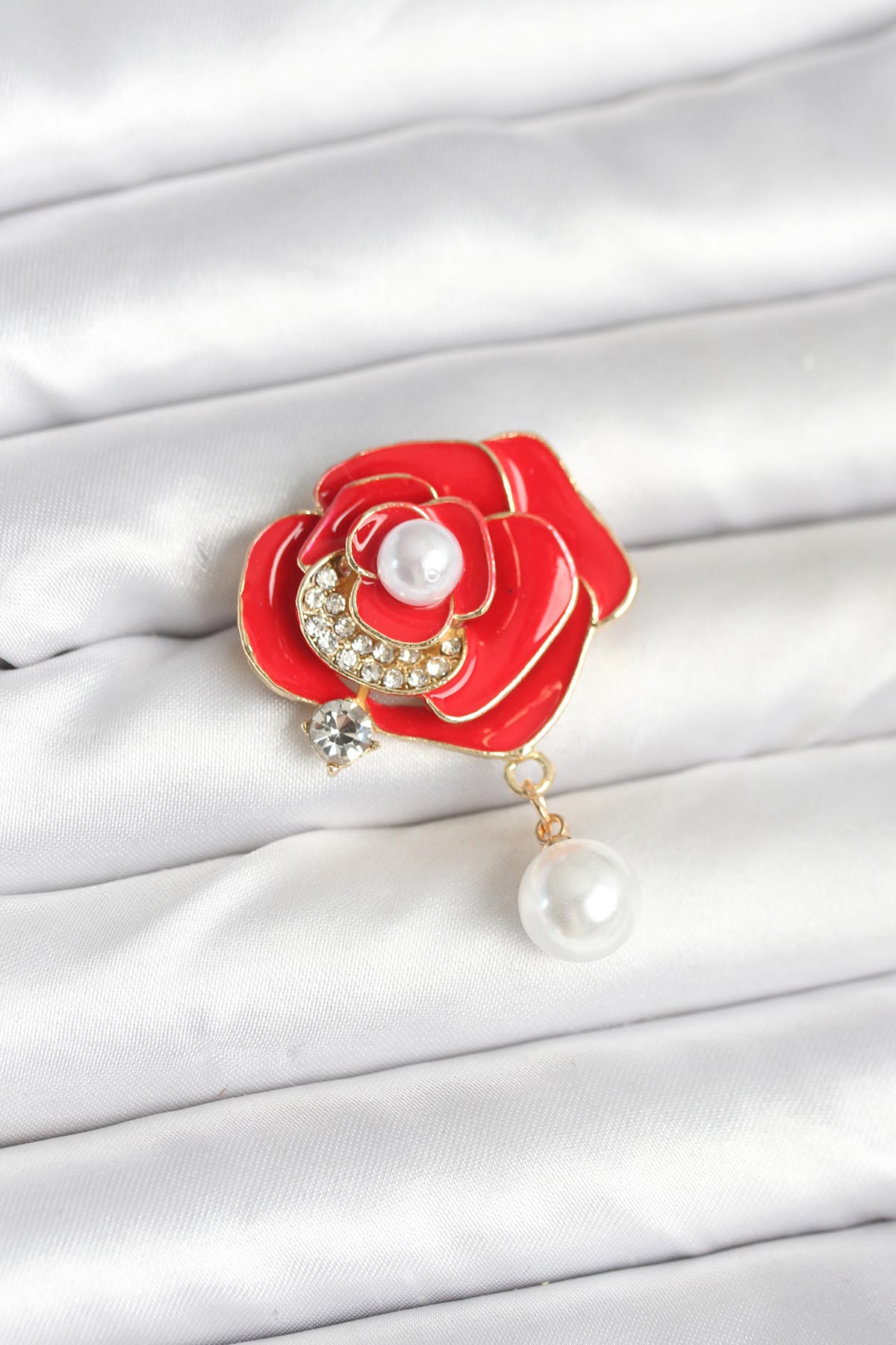Red Rose Pearl Accent Brooch Pin