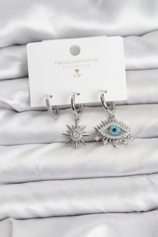 Brass Silver-Tone Eye Motif 3-Pair Women's Earrings Set