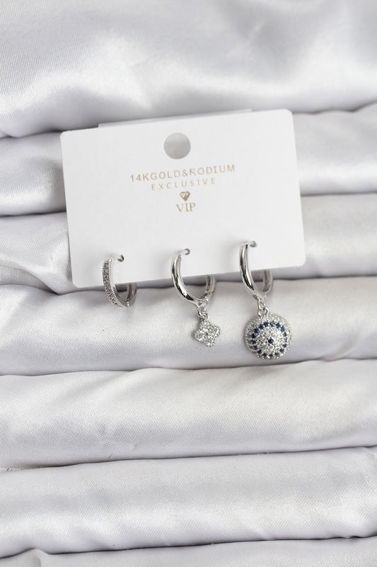 Brass Silver-Tone Evil Eye 3-Pair Women's Earrings Set