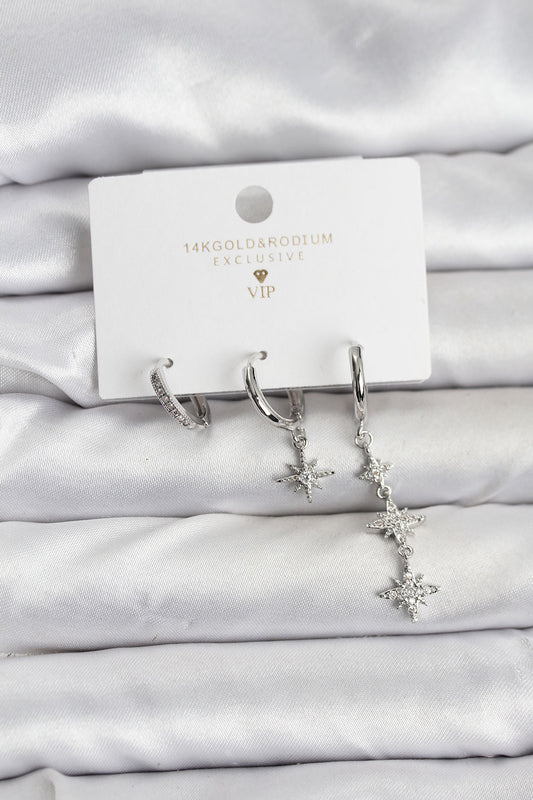 Brass Silver-Tone North Star 3-Pair Women's Earrings Set