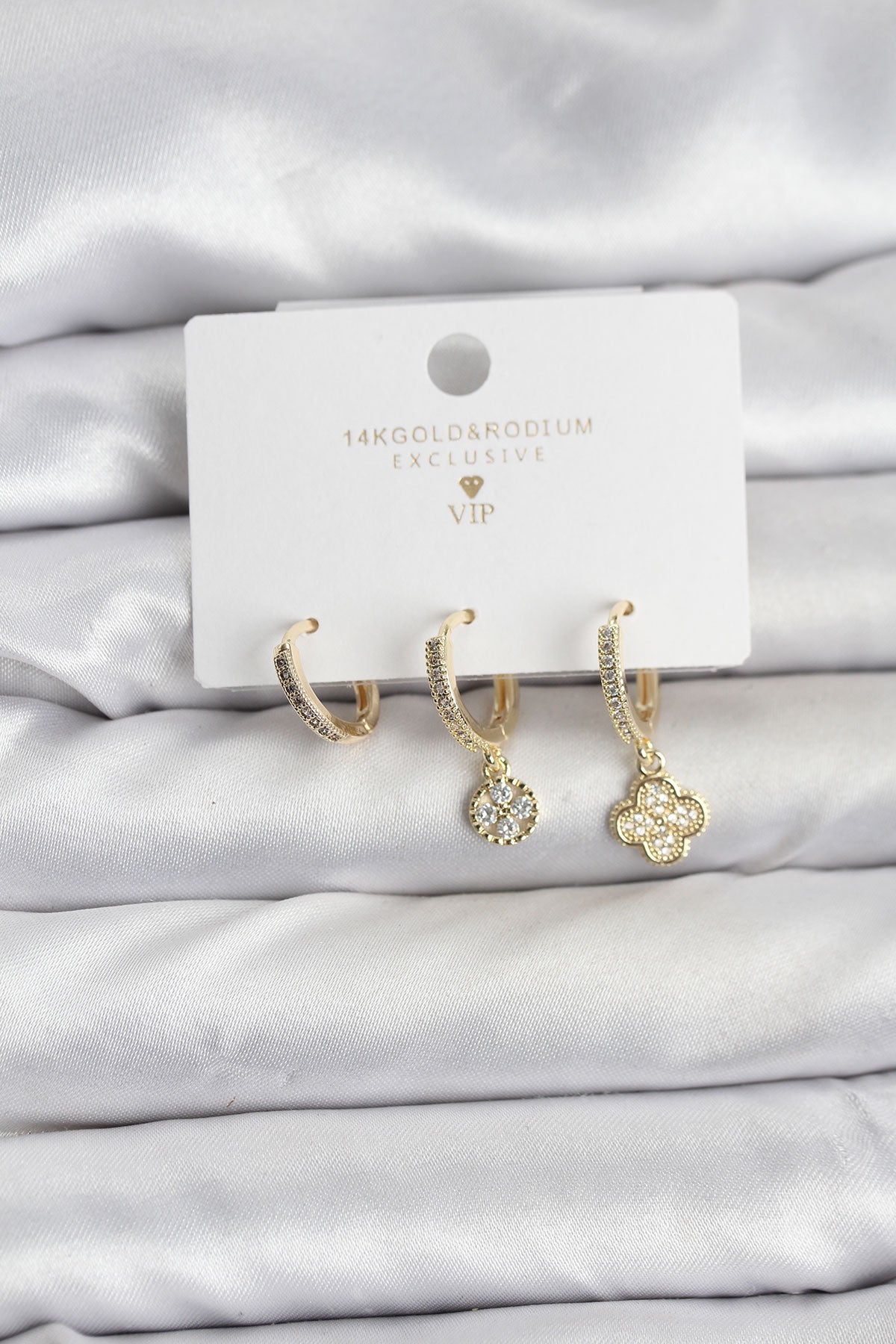 Brass Gold-Tone Clover 3-Pair Women's Earrings Set