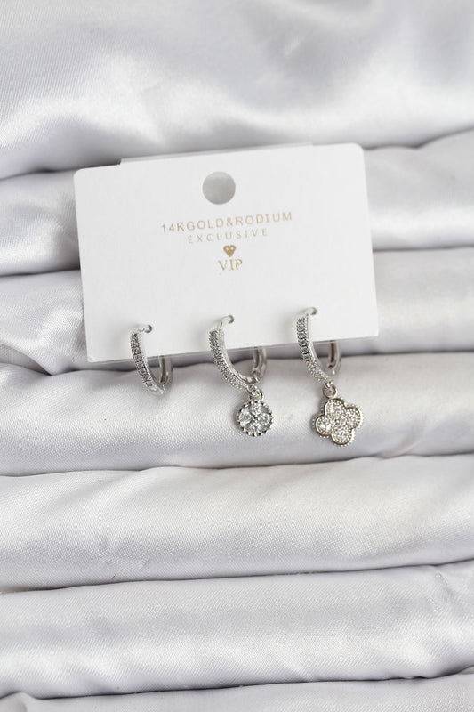 Brass Silver-Tone Clover 3-Pair Women's Earrings Set