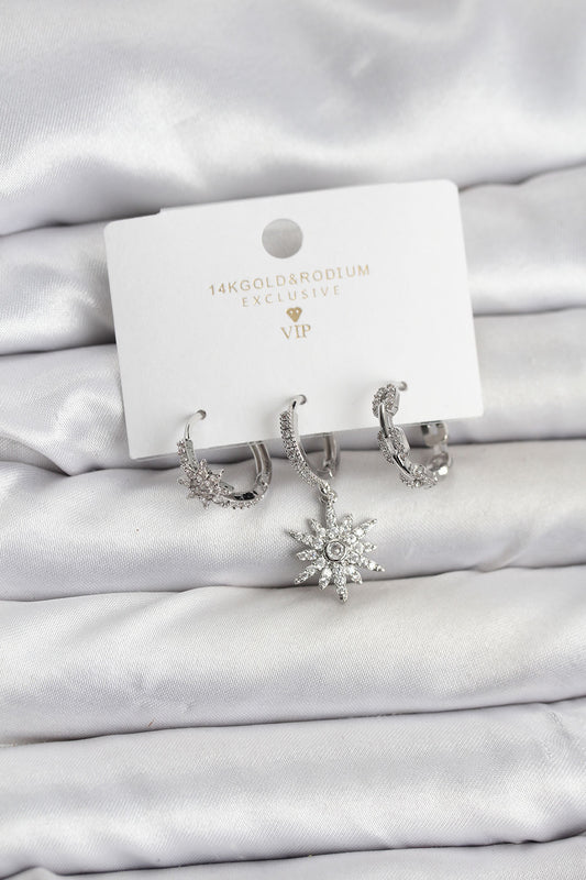 Brass Silver-Tone North Star 3-Pair Women's Earrings Set