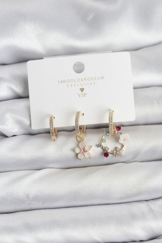 Brass Gold-Tone Flower 3-Pair Women's Earrings Set