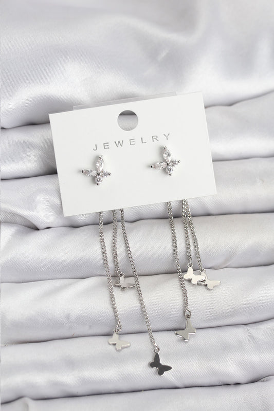 Brass Silver-Tone Butterfly Dangle Women's Earrings
