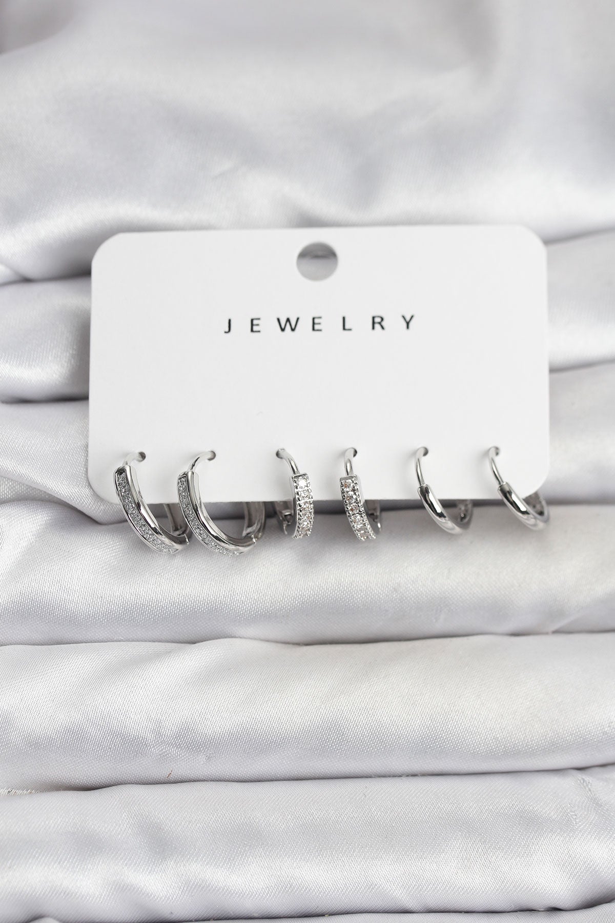 Brass Silver-Tone Women's Earrings Set with Zircon Detail