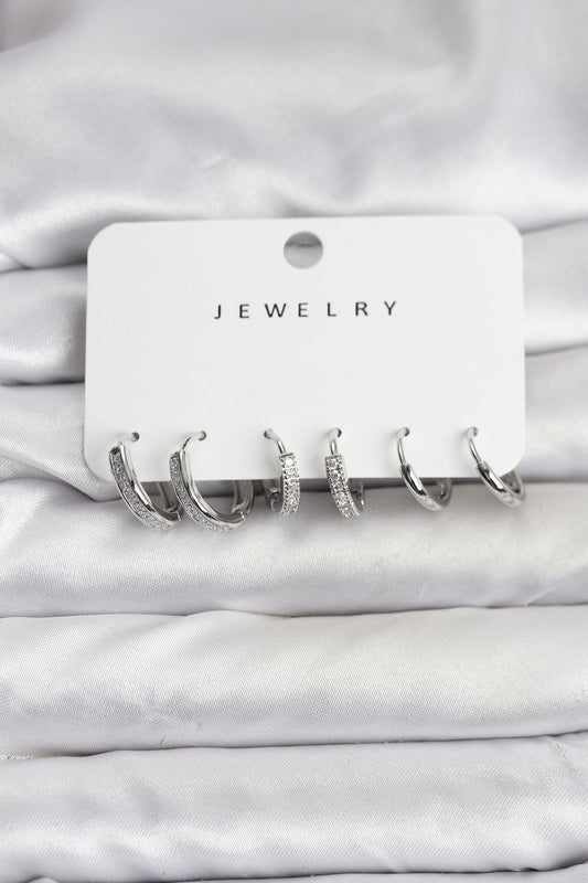 Brass Silver-Tone Women's Earrings Set with Zircon Detail