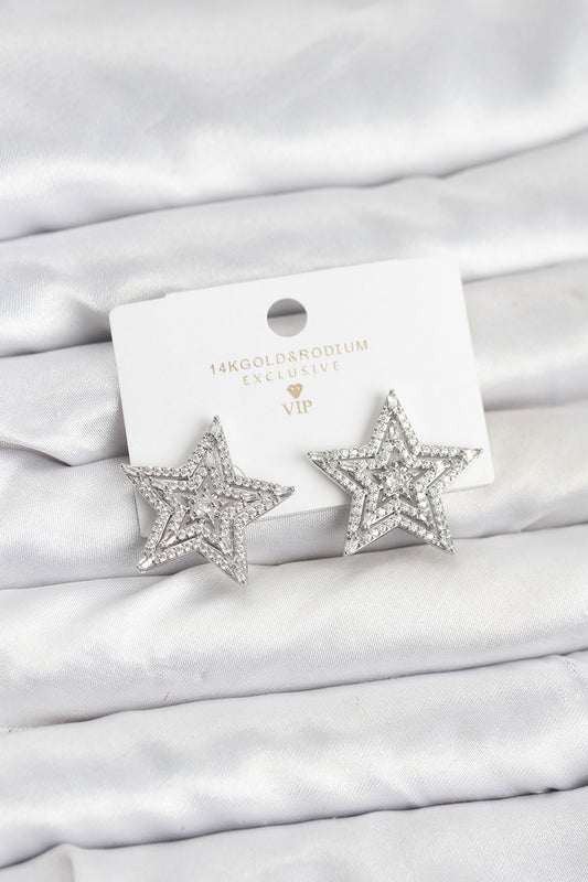 Brass Silver-Tone Star Women's Earrings with Zircon Detail
