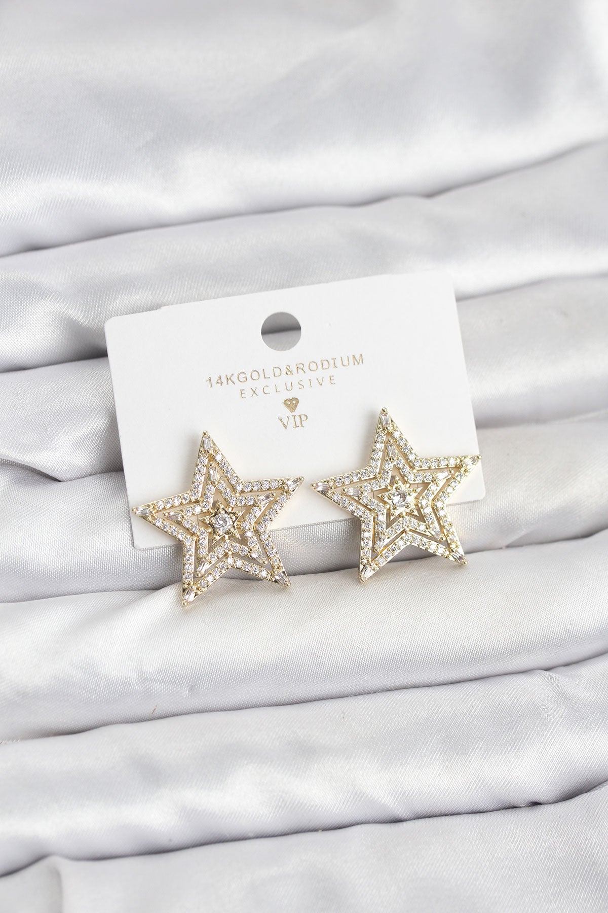 Brass Gold-Tone Star Women's Earrings with Zircon Detail