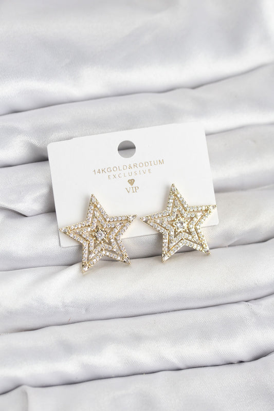 Brass Gold-Tone Star Women's Earrings with Zircon Detail