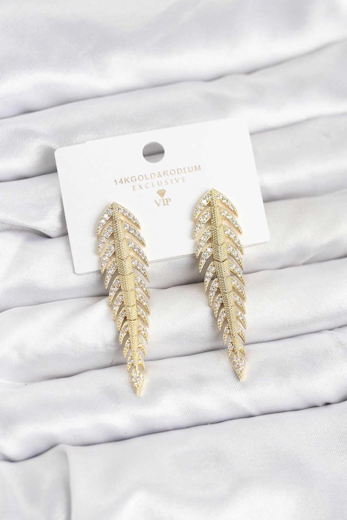 Brass Gold-Tone Herringbone Pattern Women's Earrings with Zircon Detail