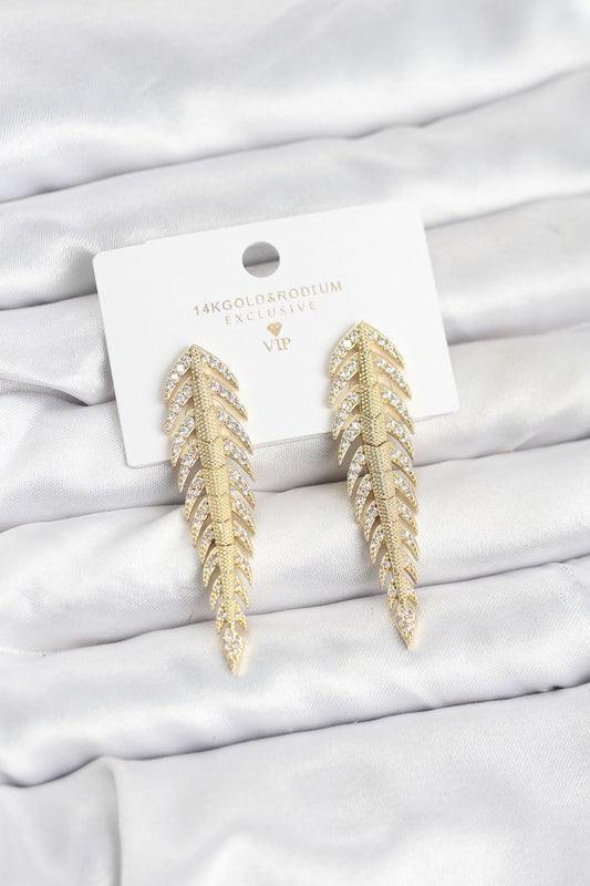 Brass Gold-Tone Herringbone Pattern Women's Earrings with Zircon Detail