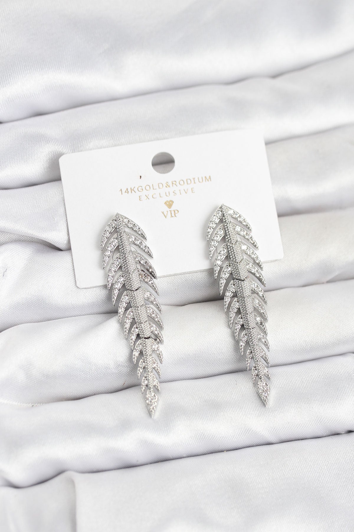 Brass Silver-Tone Herringbone Pattern Women's Earrings with Zircon Detail