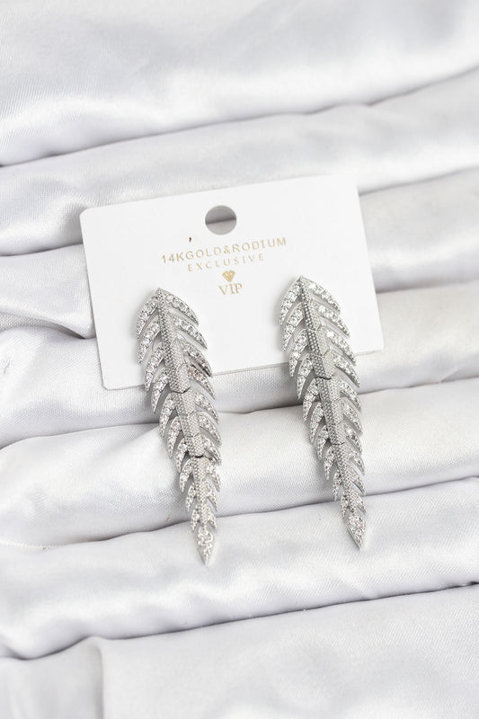 Brass Silver-Tone Herringbone Pattern Women's Earrings with Zircon Detail