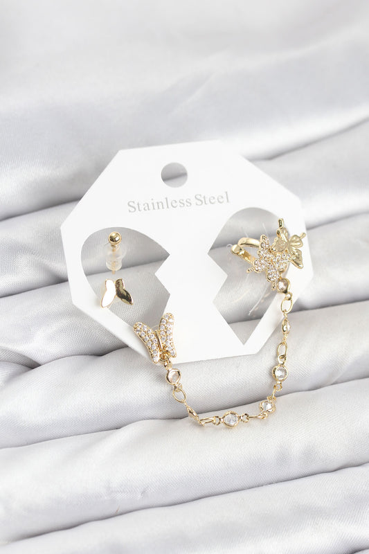 Pirinç Gold Renk Kelebek Model Zincir Bağlantılı Ear Cuff Küpe Seti