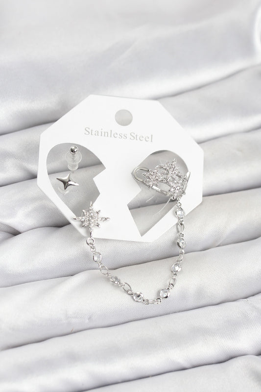Kutup Yıldızı Model Pirinç Gümüş Renk Zincir Bağlantılı Ear Cuff Küpe Seti