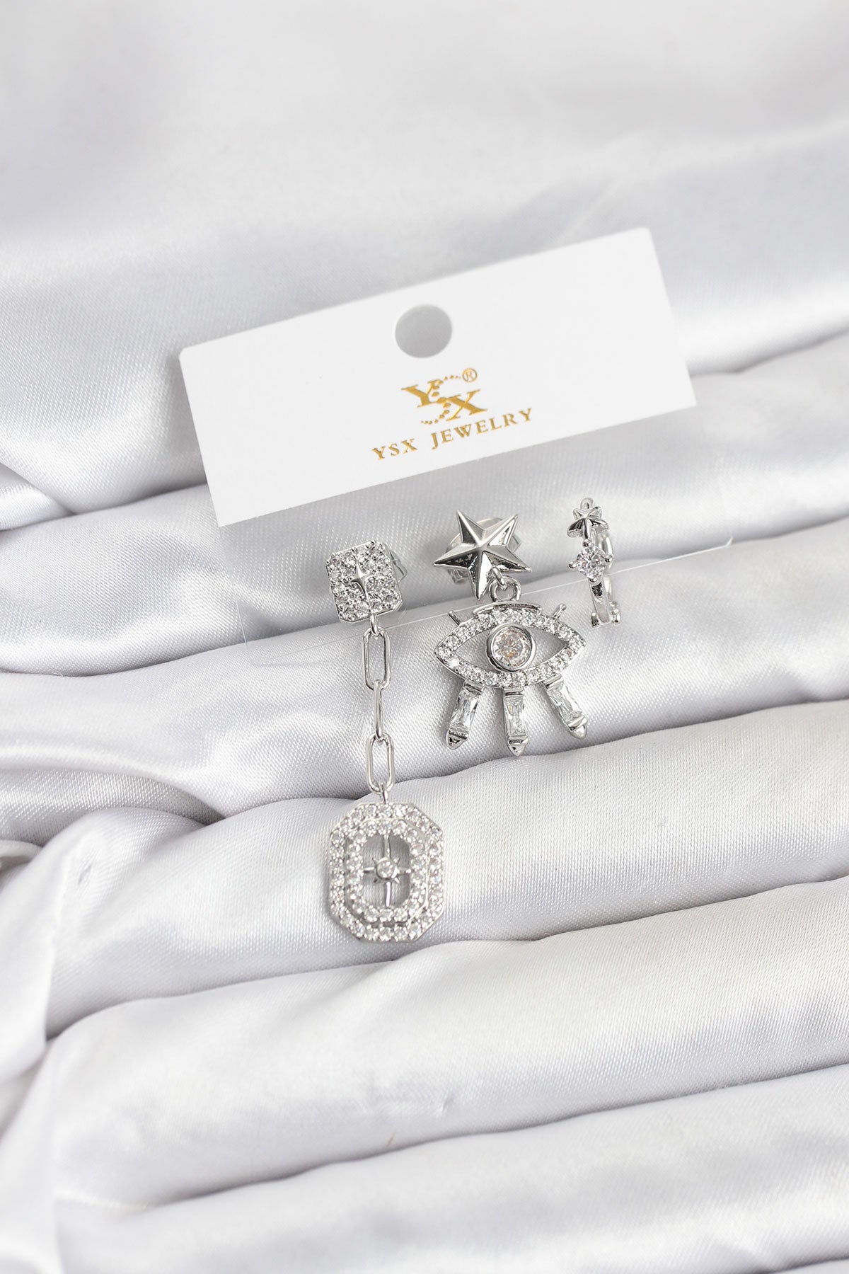 Brass Silver-Tone North Star Eye 3-Pair Women's Earrings Set