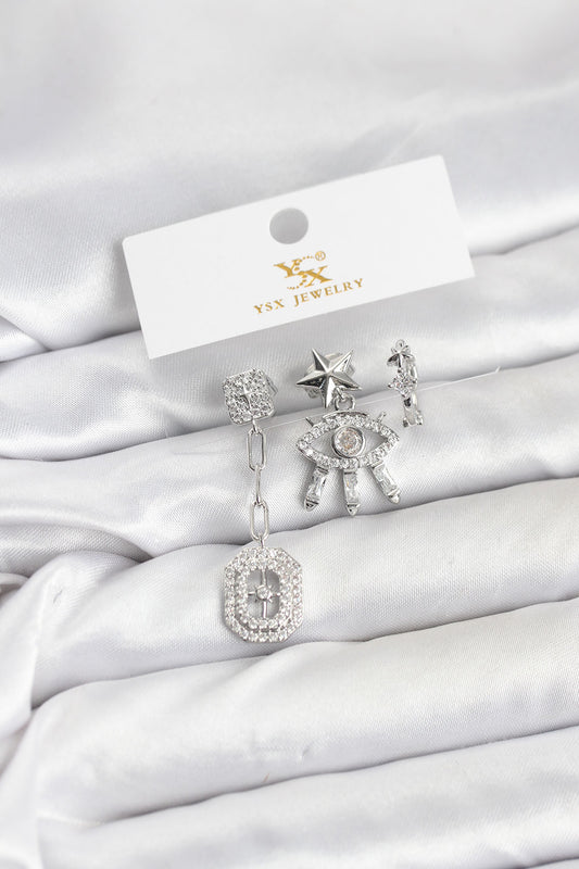 Brass Silver-Tone North Star Eye 3-Pair Women's Earrings Set