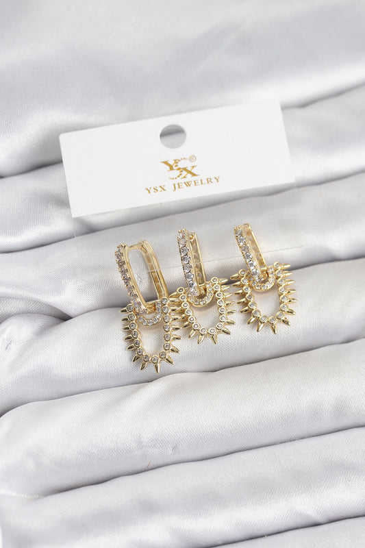 Brass Gold-Tone Vintage-Inspired 3-Pair Women's Earrings Set with Zircon Detail