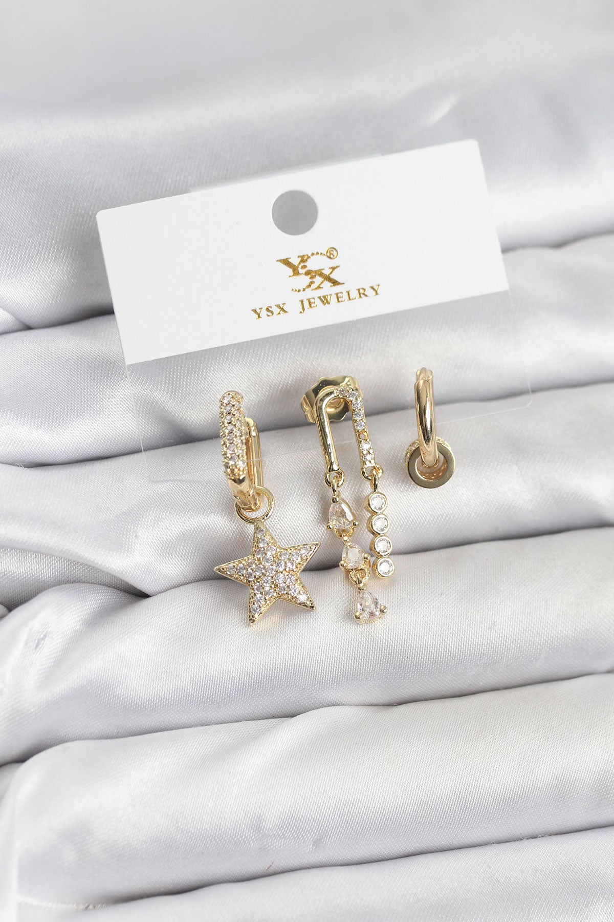 Brass Gold-Tone Star Vintage-Inspired 3-Pair Women's Earrings Set with Zircon Detail