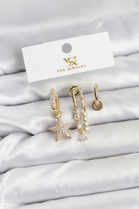 Brass Gold-Tone Star Vintage-Inspired 3-Pair Women's Earrings Set with Zircon Detail