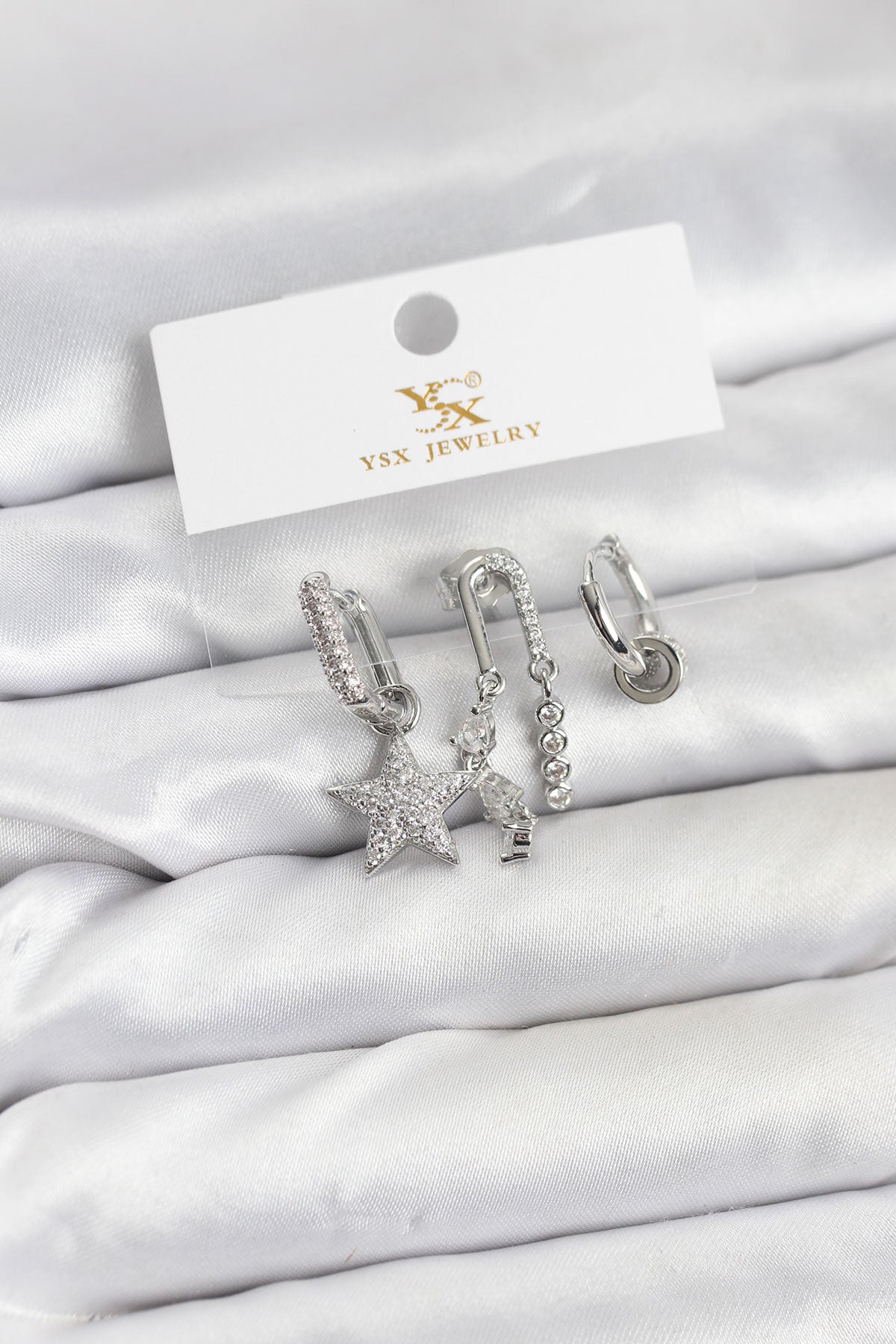 Brass Silver-Tone Star Vintage-Inspired 3-Pair Women's Earrings Set with Zircon Detail
