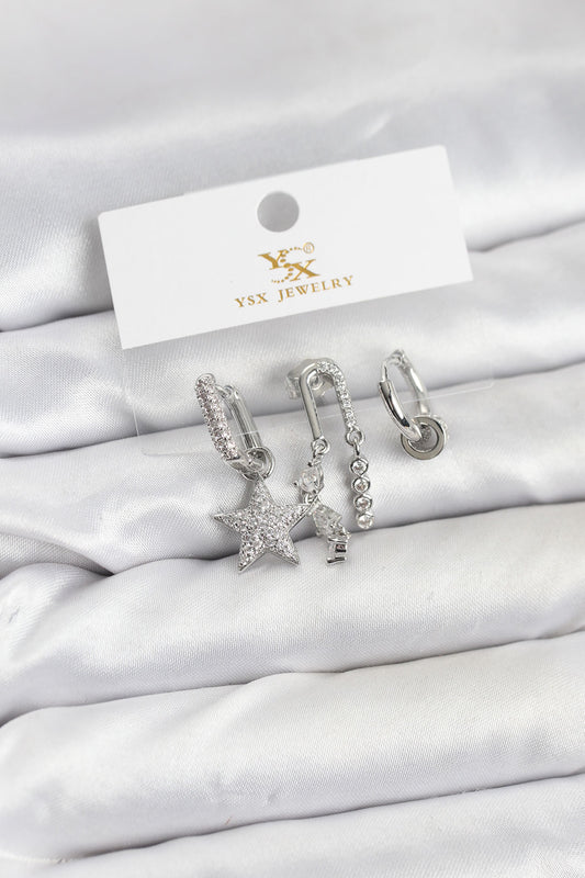 Brass Silver-Tone Star Vintage-Inspired 3-Pair Women's Earrings Set with Zircon Detail