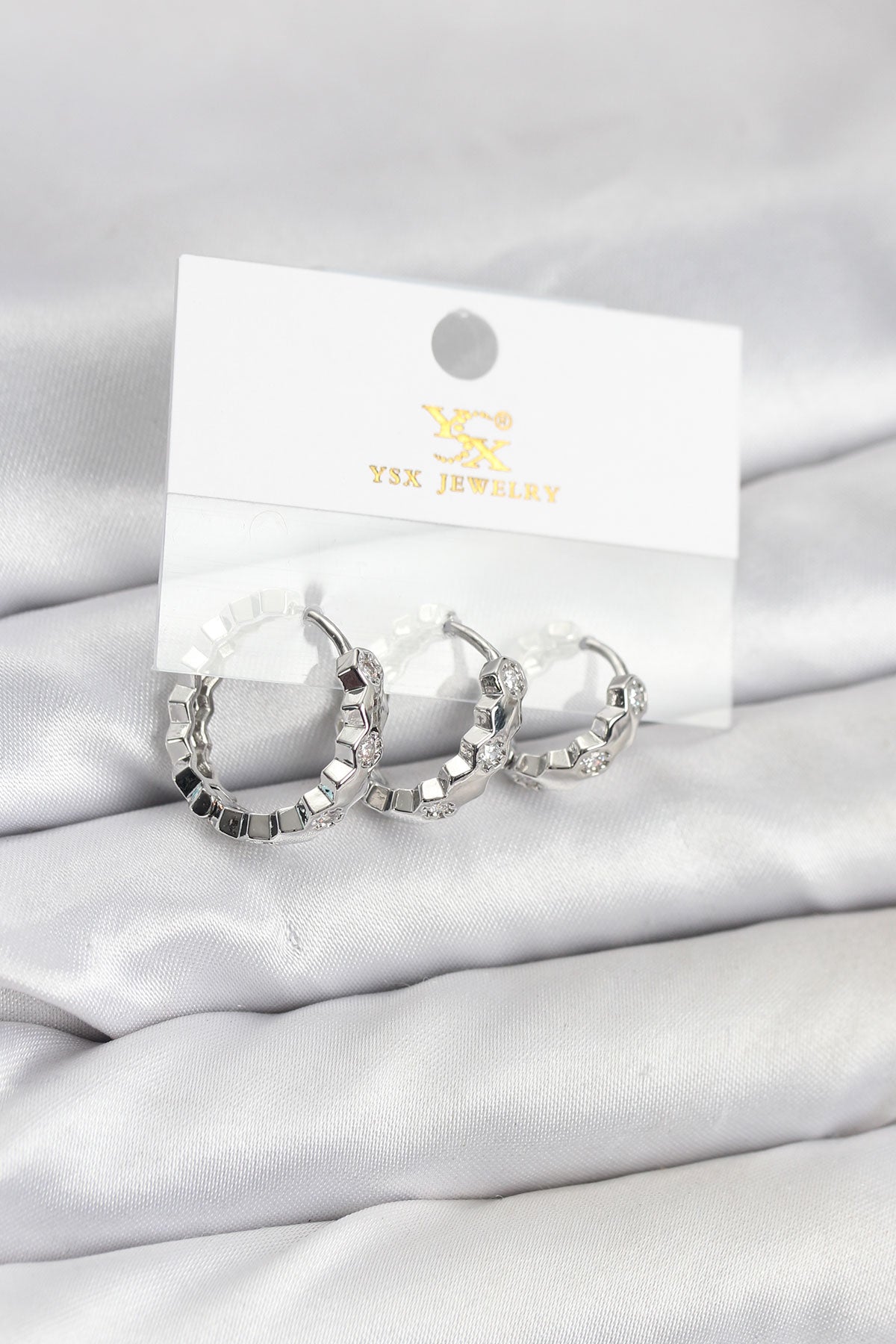 Brass Silver-Tone Honeycomb Hoop Earrings with Zircon Detail