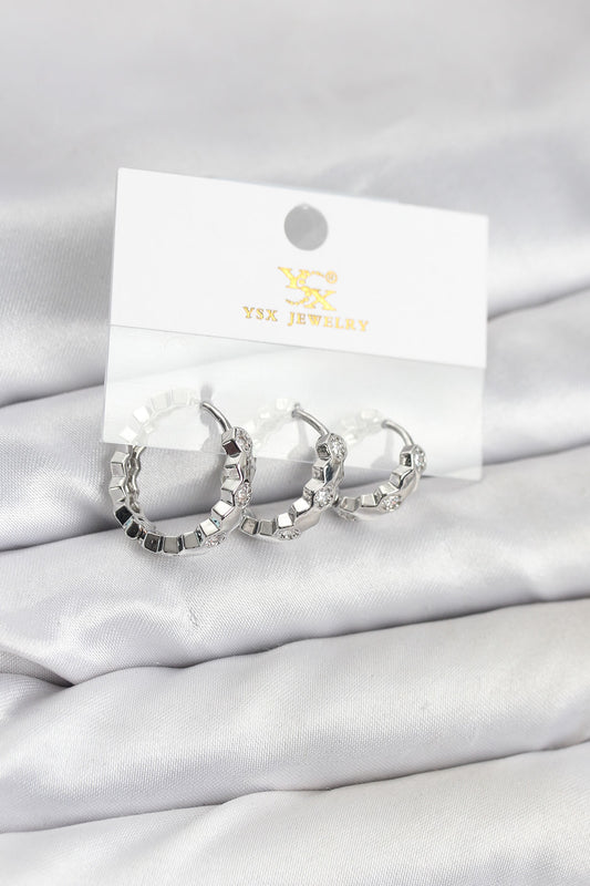 Brass Silver-Tone Honeycomb Hoop Earrings with Zircon Detail