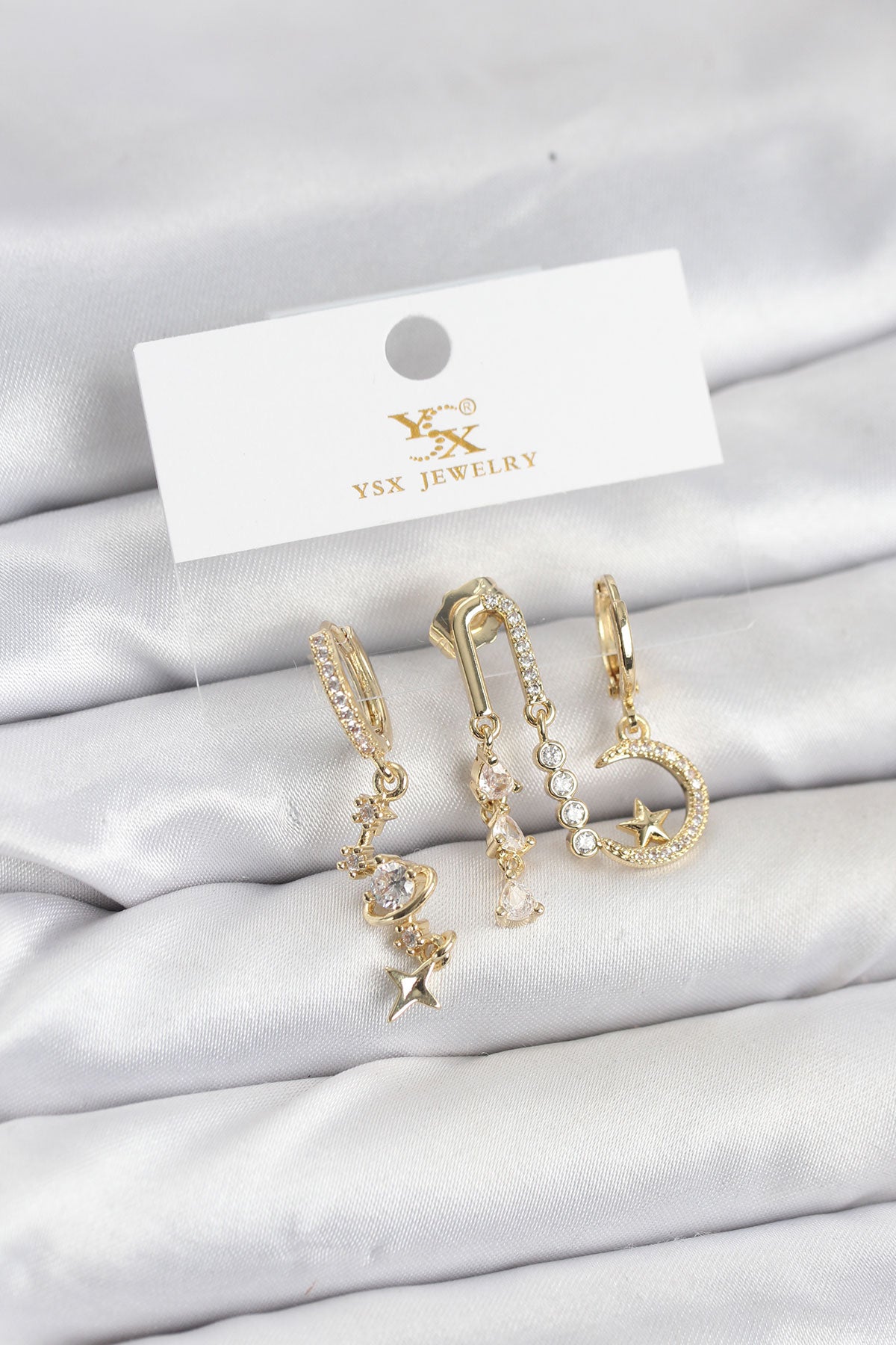 Brass Gold-Tone Space 3-Pair Women's Earrings Set with Zircon Detail