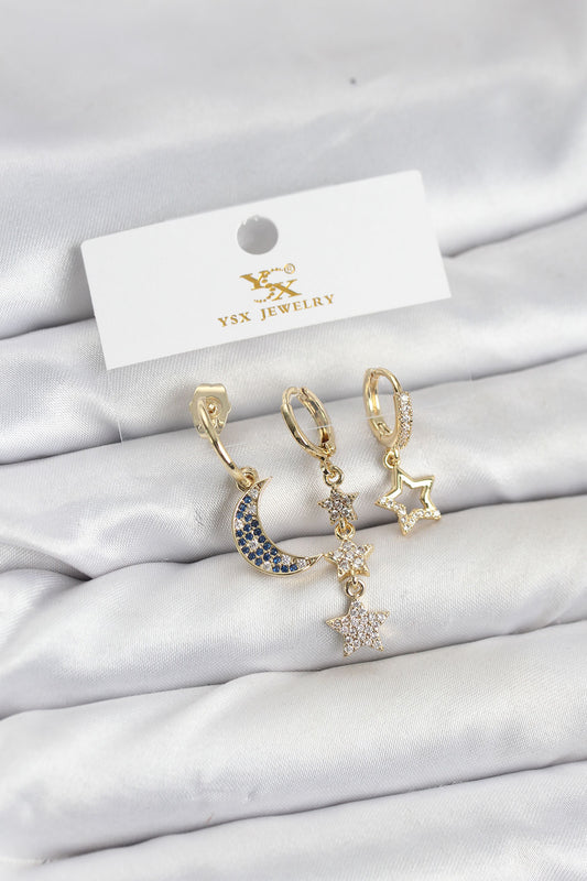 Brass Gold-Tone Moon and Star 3-Pair Women's Earrings Set with Zircon Detail