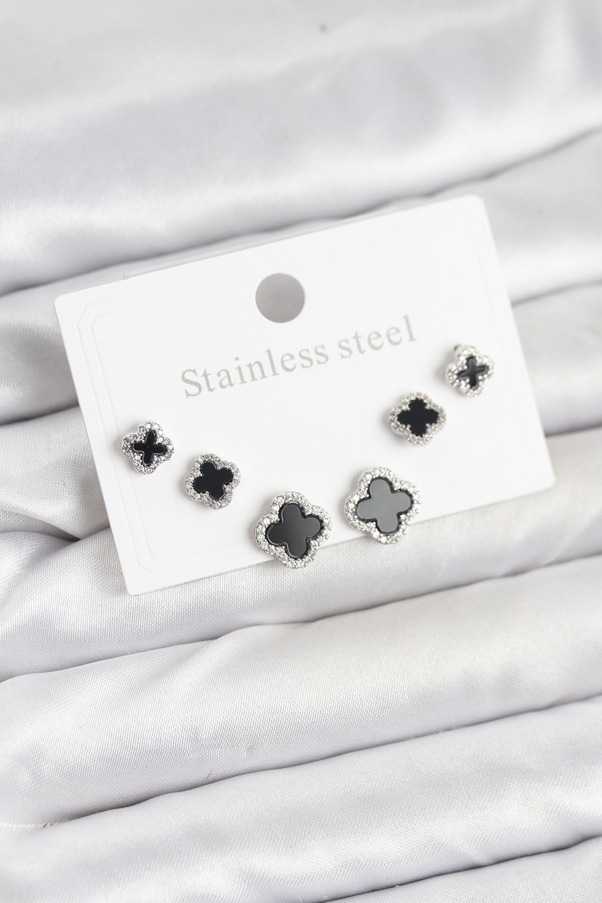 316L Stainless Steel Silver-Tone Clover Women's Earrings Set with Zircon Detail