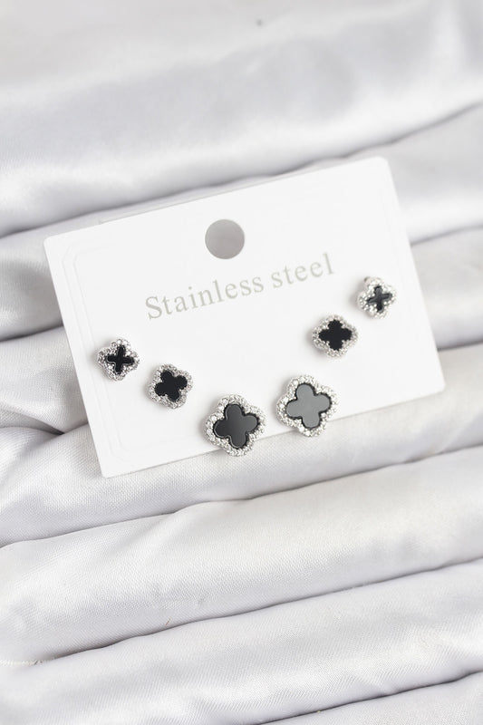 316L Stainless Steel Silver-Tone Clover Women's Earrings Set with Zircon Detail