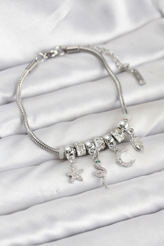 Brass Silver-Tone Charm Snake Women's Bracelet