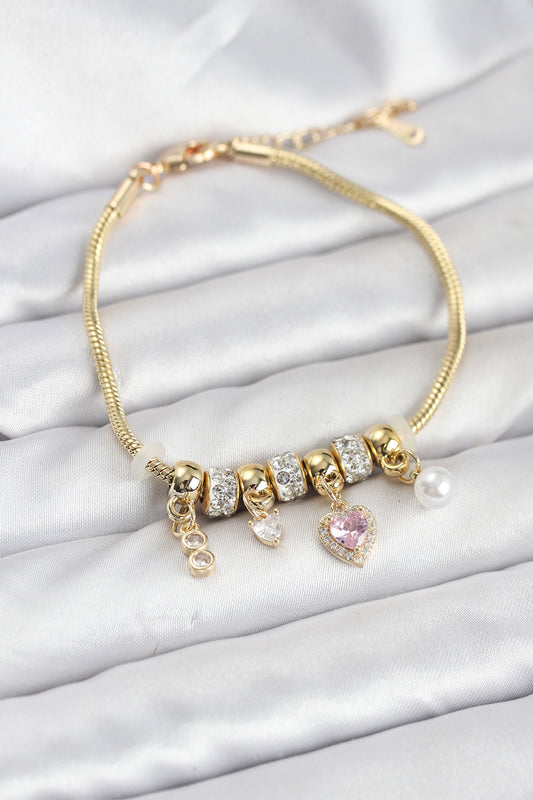 Brass Gold-Tone Pink Charm Heart Women's Bracelet