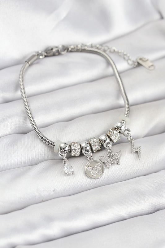 Brass Silver-Tone Charm Butterfly Women's Bracelet