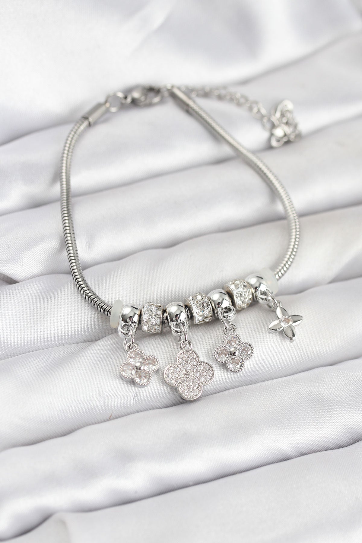 Brass Silver-Tone Clover Women's Bracelet