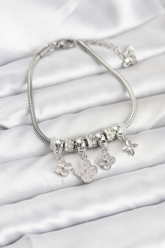 Brass Silver-Tone Clover Women's Bracelet