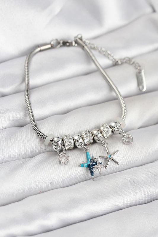 Brass Silver-Tone Charm Star Women's Bracelet