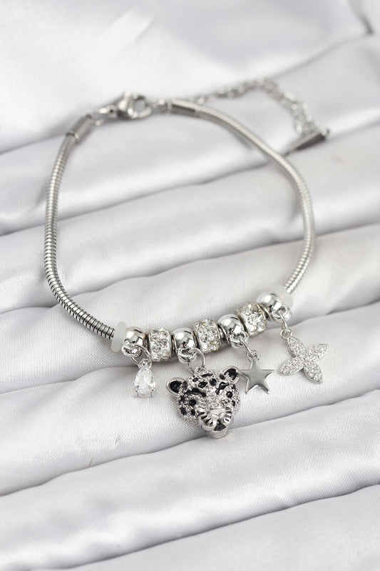 Brass Silver-Tone Charm Tiger Women's Bracelet