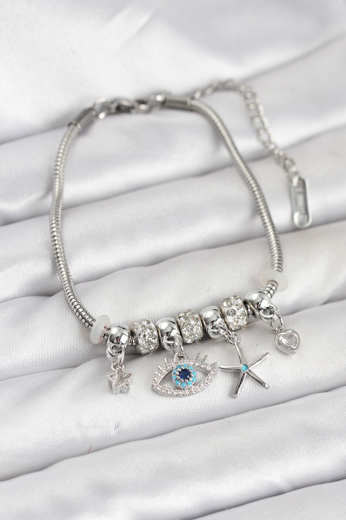 Brass Silver-Tone Charm Eye Motif Women's Bracelet