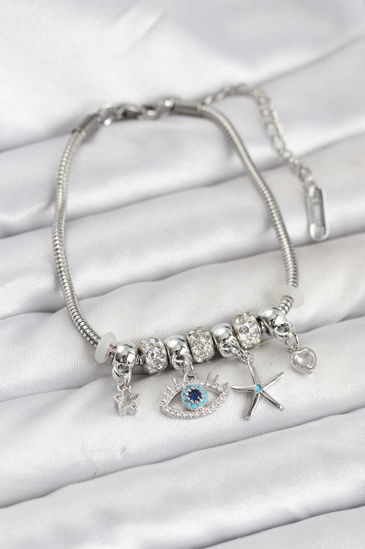 Brass Silver-Tone Charm Eye Motif Women's Bracelet