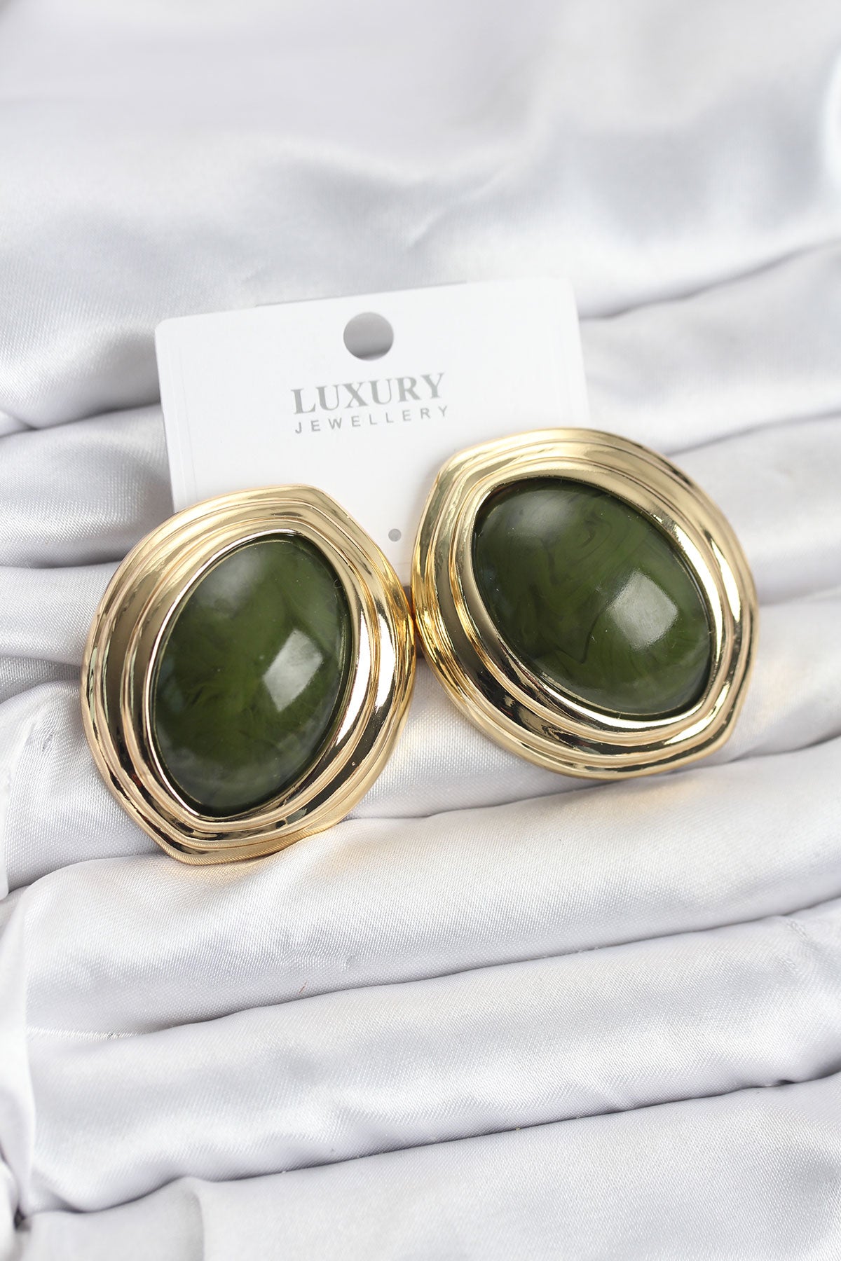 Brass Gold-Tone Green Almond Vintage-Inspired Women's Earrings