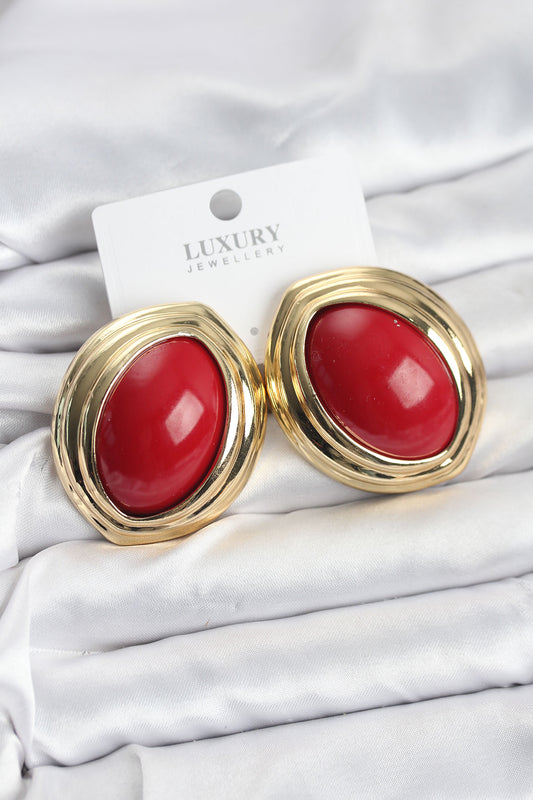 Brass Gold-Tone Red Almond Vintage-Inspired Women's Earrings