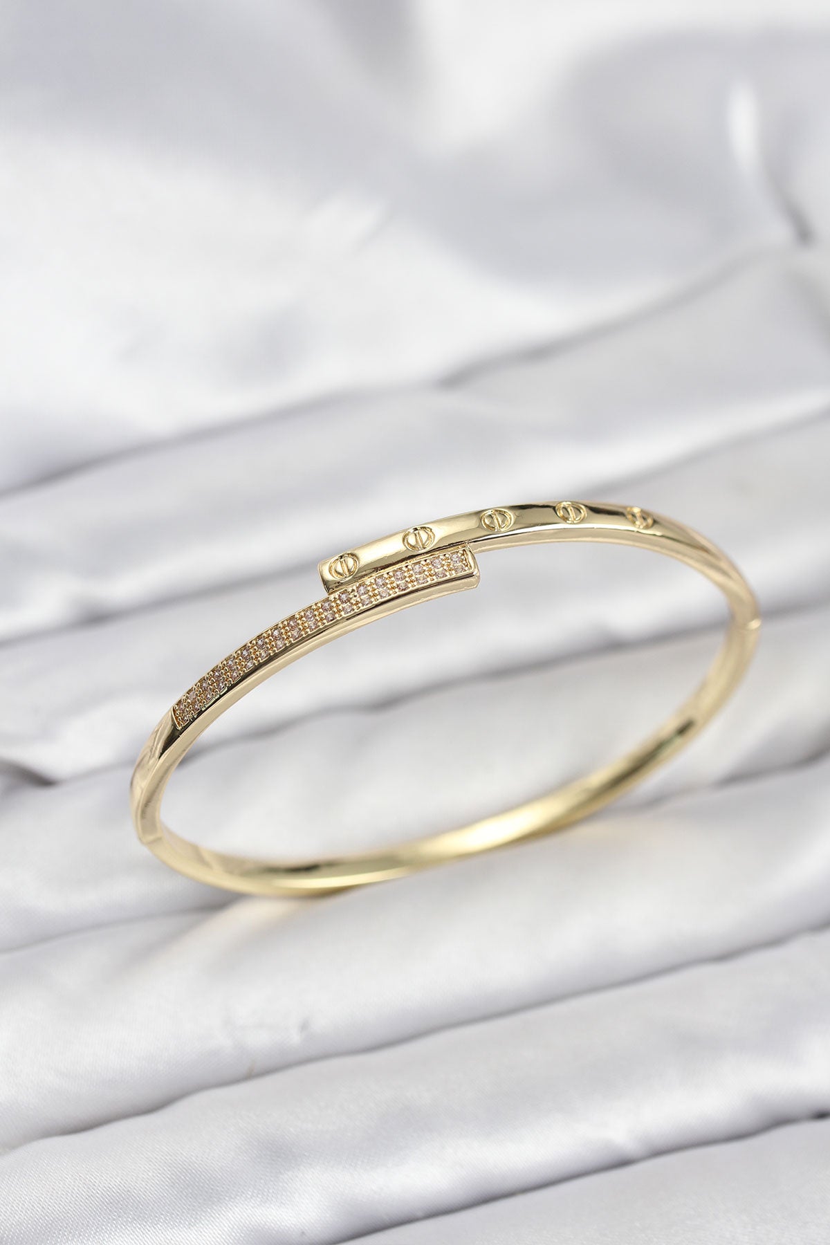 Brass Gold-Tone Bangle Bracelet with Zircon Detail