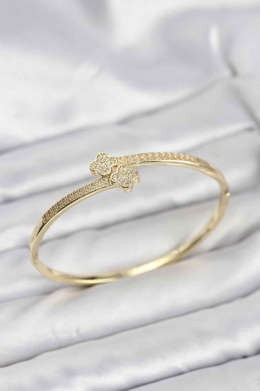 Brass Gold-Tone Clover Bangle Bracelet with Zircon Detail
