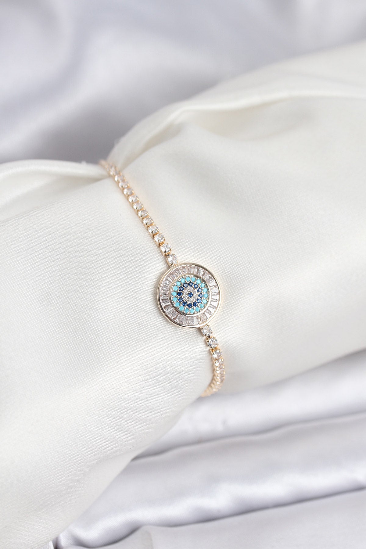 Gold-Tone Adjustable Evil Eye Tennis Bracelet with Zircon Detail