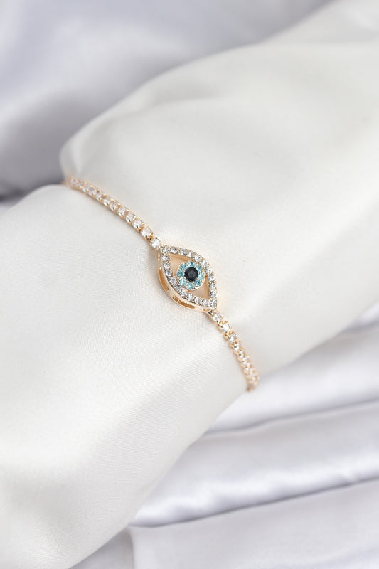 Gold-Tone Adjustable Eye Motif Tennis Bracelet with Zircon Detail