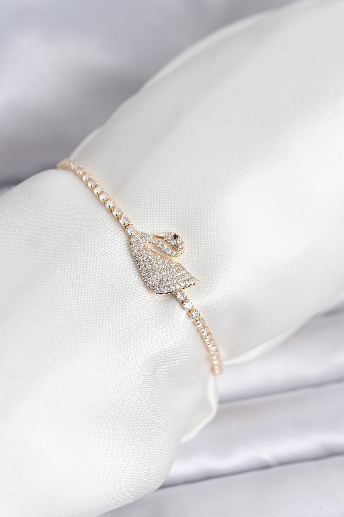 Gold-Tone Adjustable Swan Tennis Bracelet with Zircon Detail